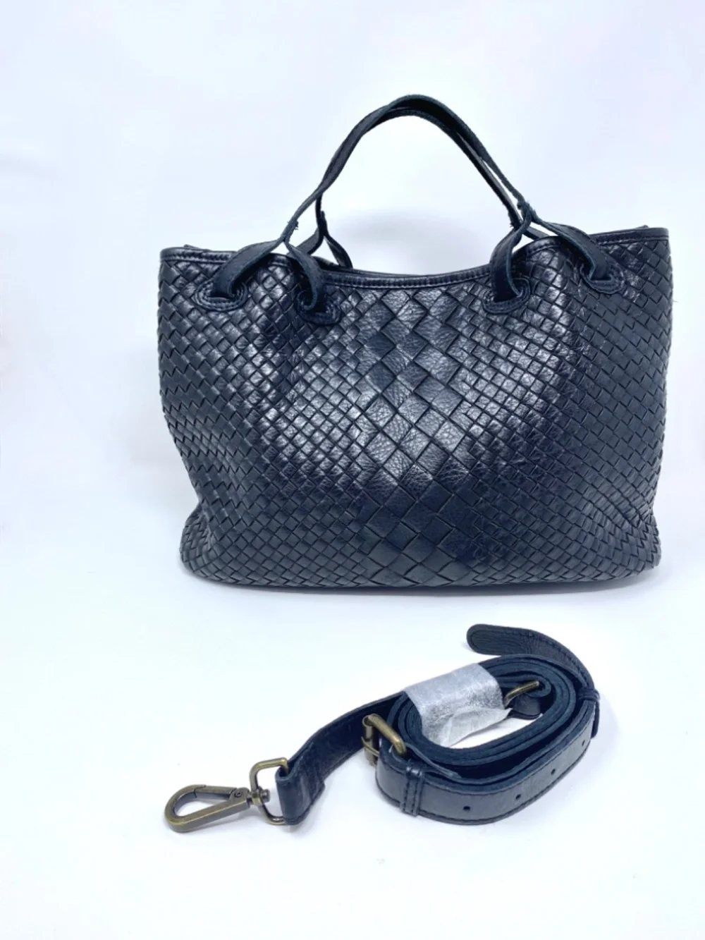 Genuine Leather Ashwood Black Woven Purse Crossbody Tote Bag w Strap